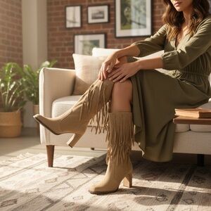Vintage Board Walk Shoes Tan Suede Fringe Boots Size 8.5 Boho Western Heel NIB